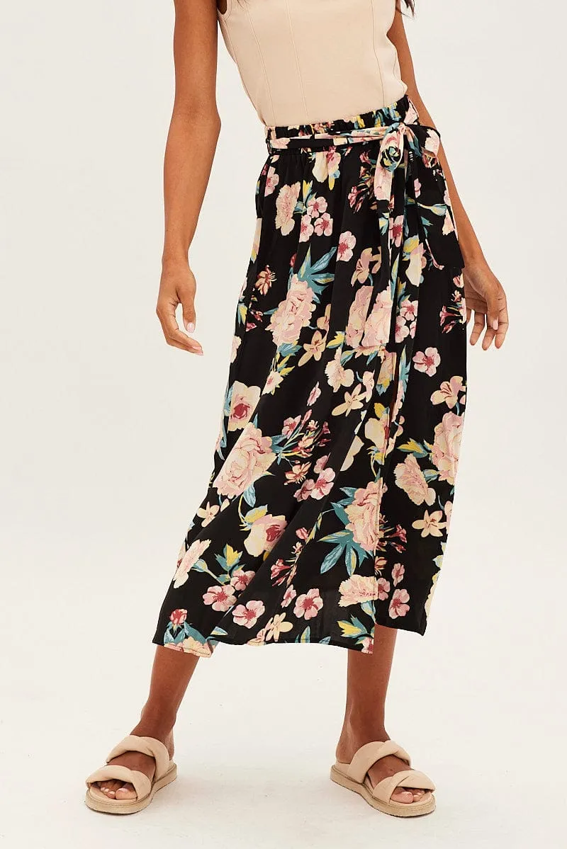 Timeless Trend Romantic Vibe Black Floral High Waist Front Slit Floral Midi Skirt