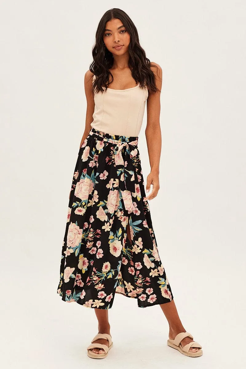 Black Floral High Waist Front Slit Floral Midi Skirt Sleek Comfort Day To Night