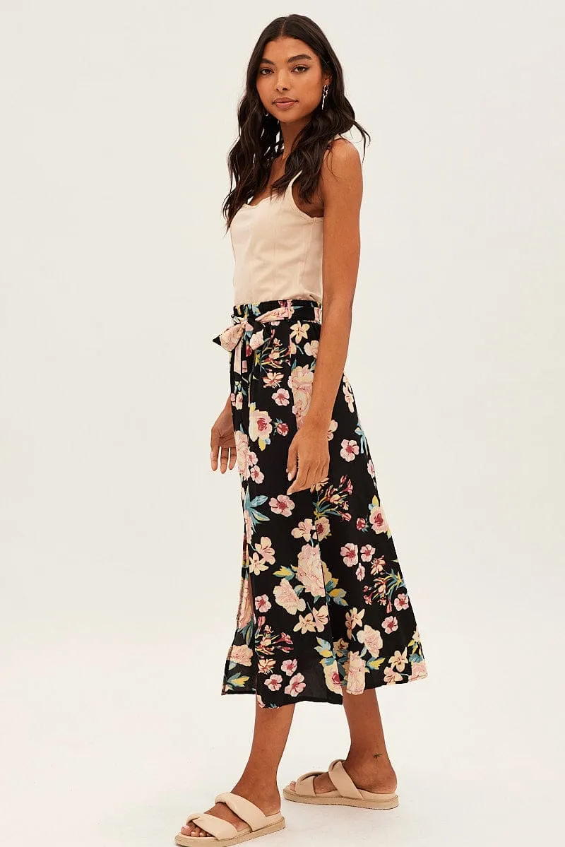 Black Floral High Waist Front Slit Floral Midi Skirt Comfort Innovation Invisible Seams