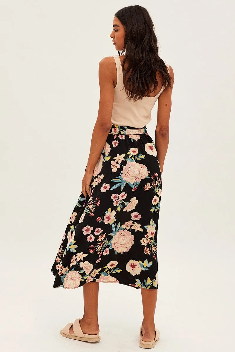 Black Floral High Waist Front Slit Floral Midi Skirt Sheer Overlay