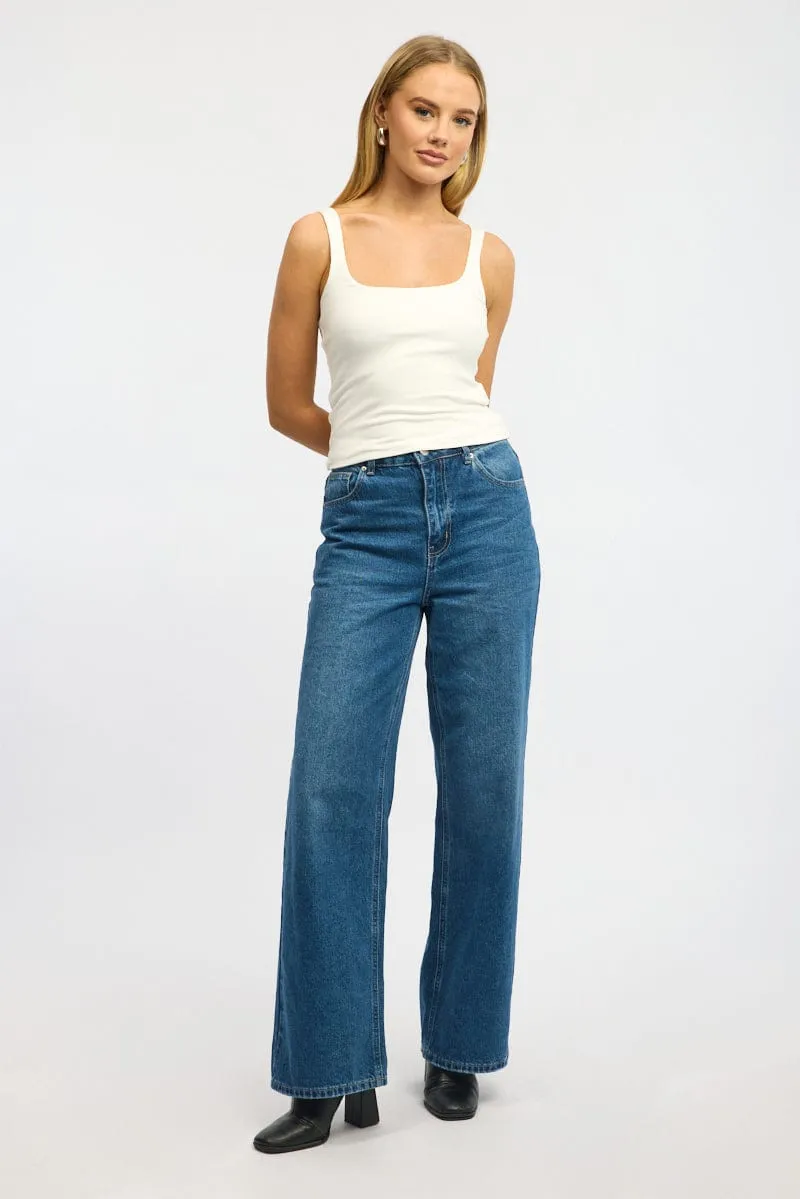 Relaxed Fit Casual Wear White Tank Top Double Layered Rib