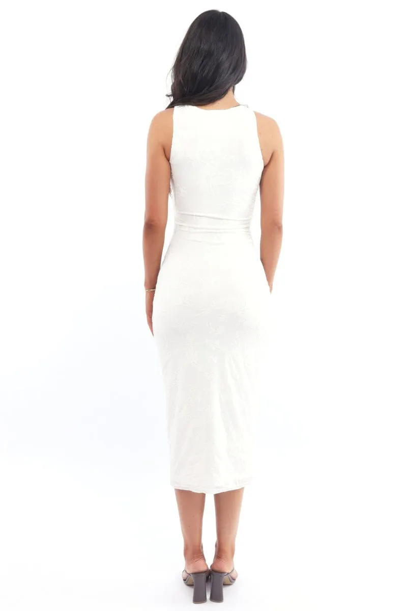 Simple Layering Versatile Hat White Bodycon Dress Round Neck Sleeveless Burnout