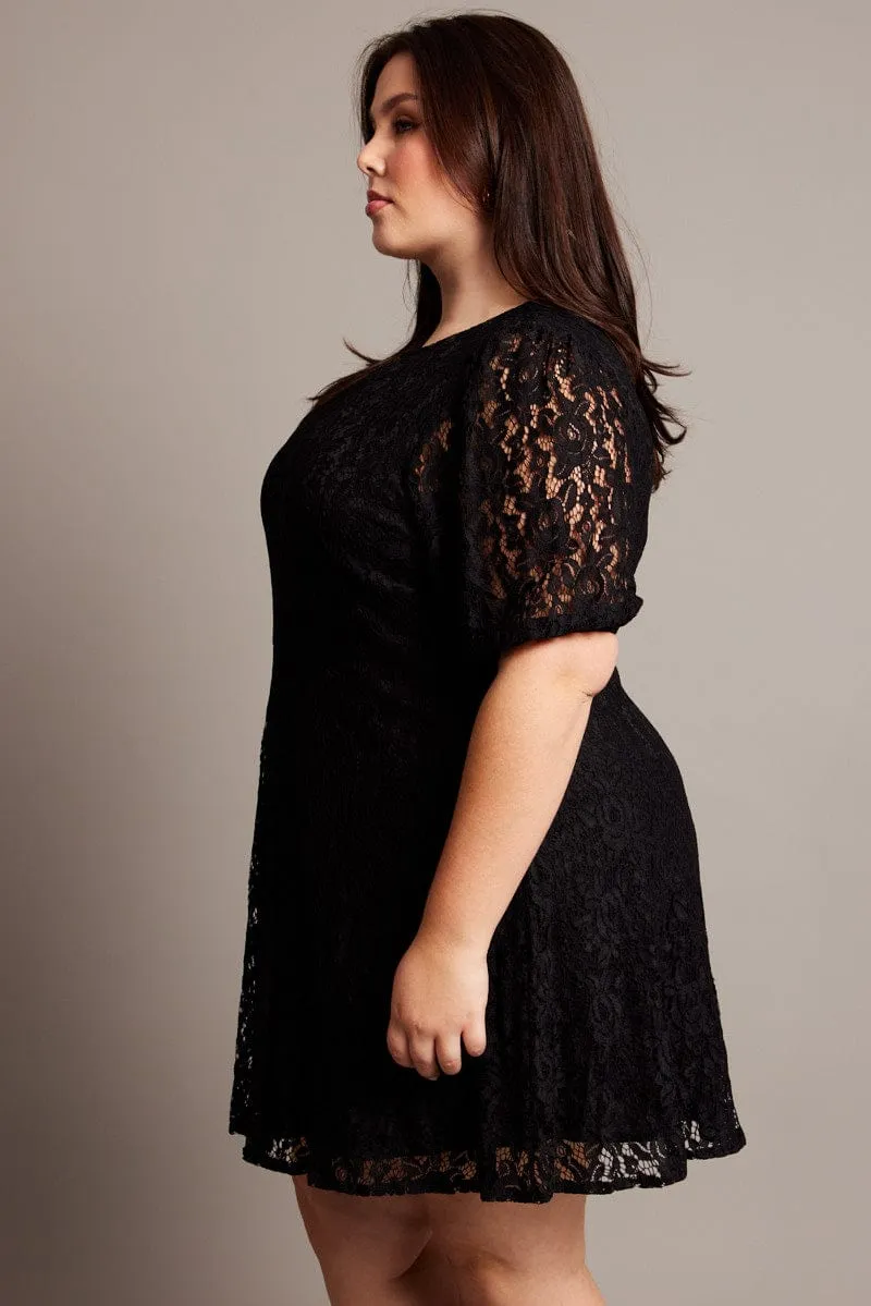 Black Lace Puff Sleeve Mini Dress Fresh Vibes Light Rush