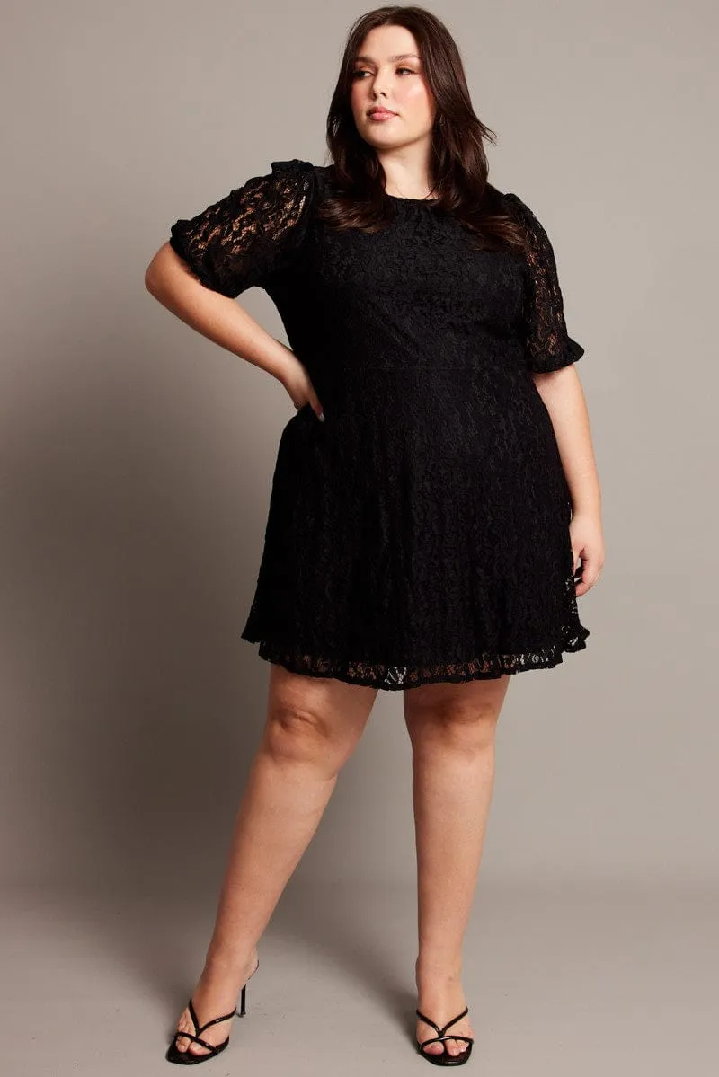 Black Lace Puff Sleeve Mini Dress High Thread Count Cotton Elegant mini with floral prints