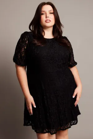 Casual Comfort Look Black Lace Puff Sleeve Mini Dress