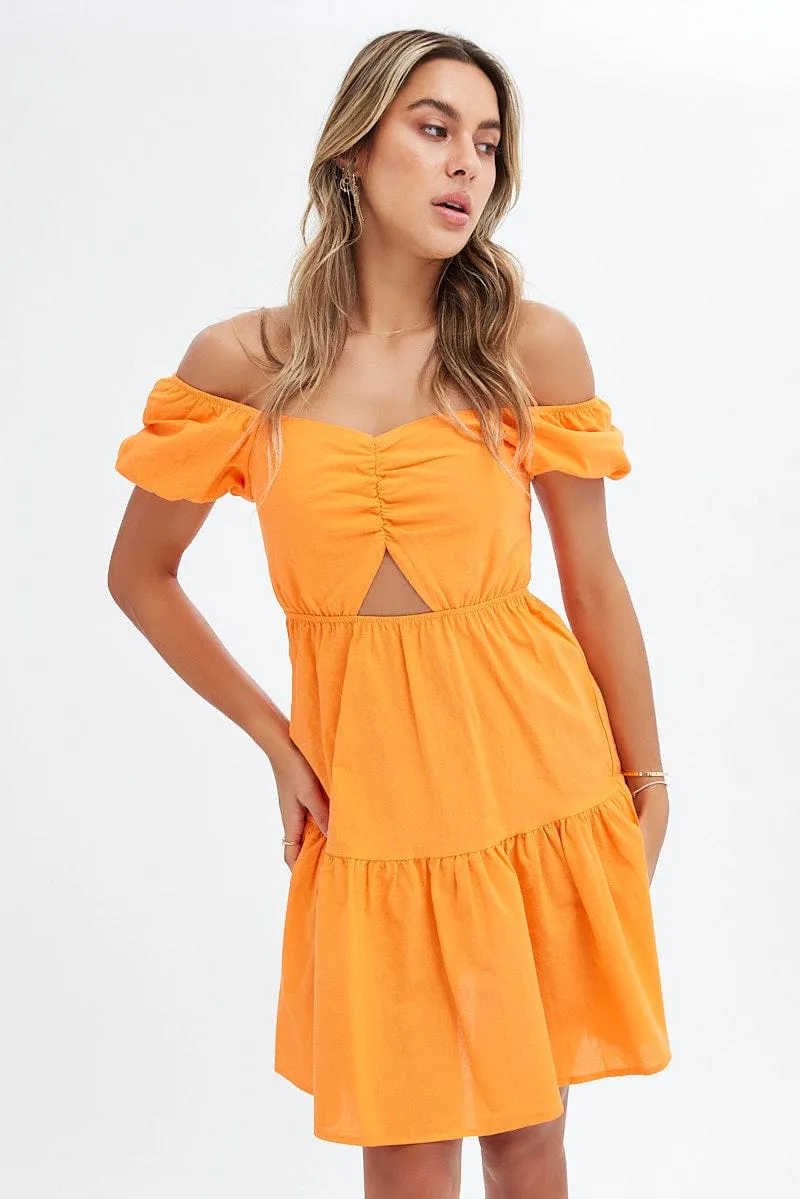 Adjustable Waistbands ElasticBinding Orange Puff Sleeve Cut Out Skater Dress