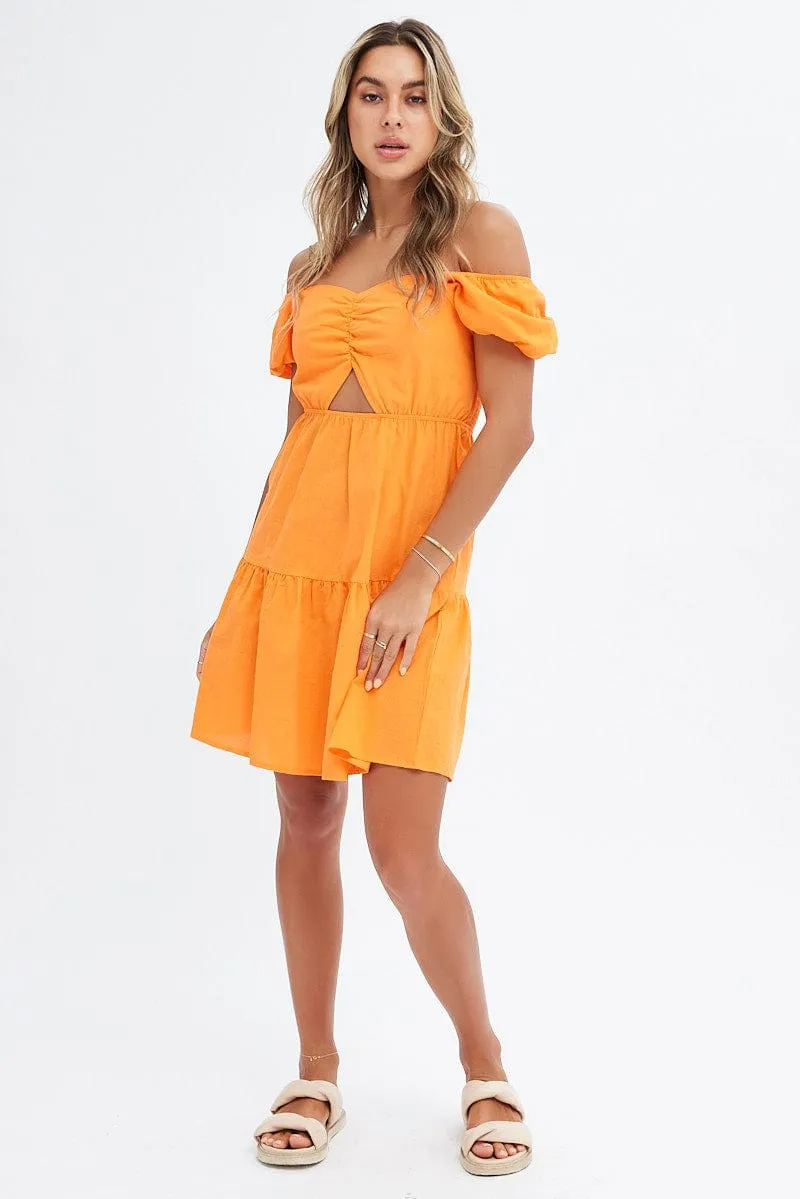 All-Weather Wear Soft Joggers Orange Puff Sleeve Cut Out Skater Dress