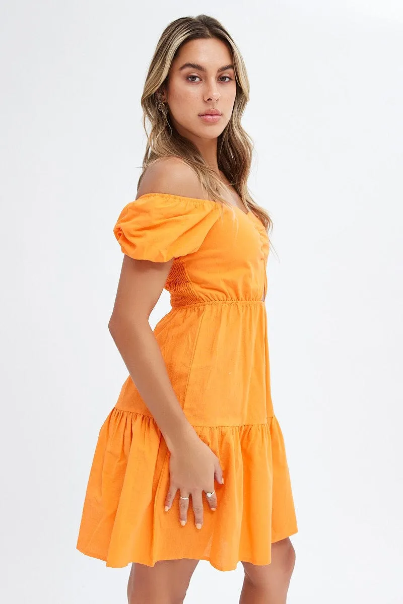 Thick Glow Modern Chic Orange Puff Sleeve Cut Out Skater Dress