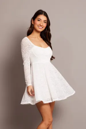 fresh start White Fit And Flare Dress Long Sleeve Lace