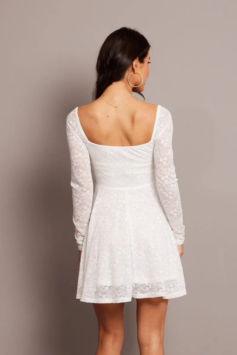 White Fit And Flare Dress Long Sleeve Lace EcoCertifiedTextile