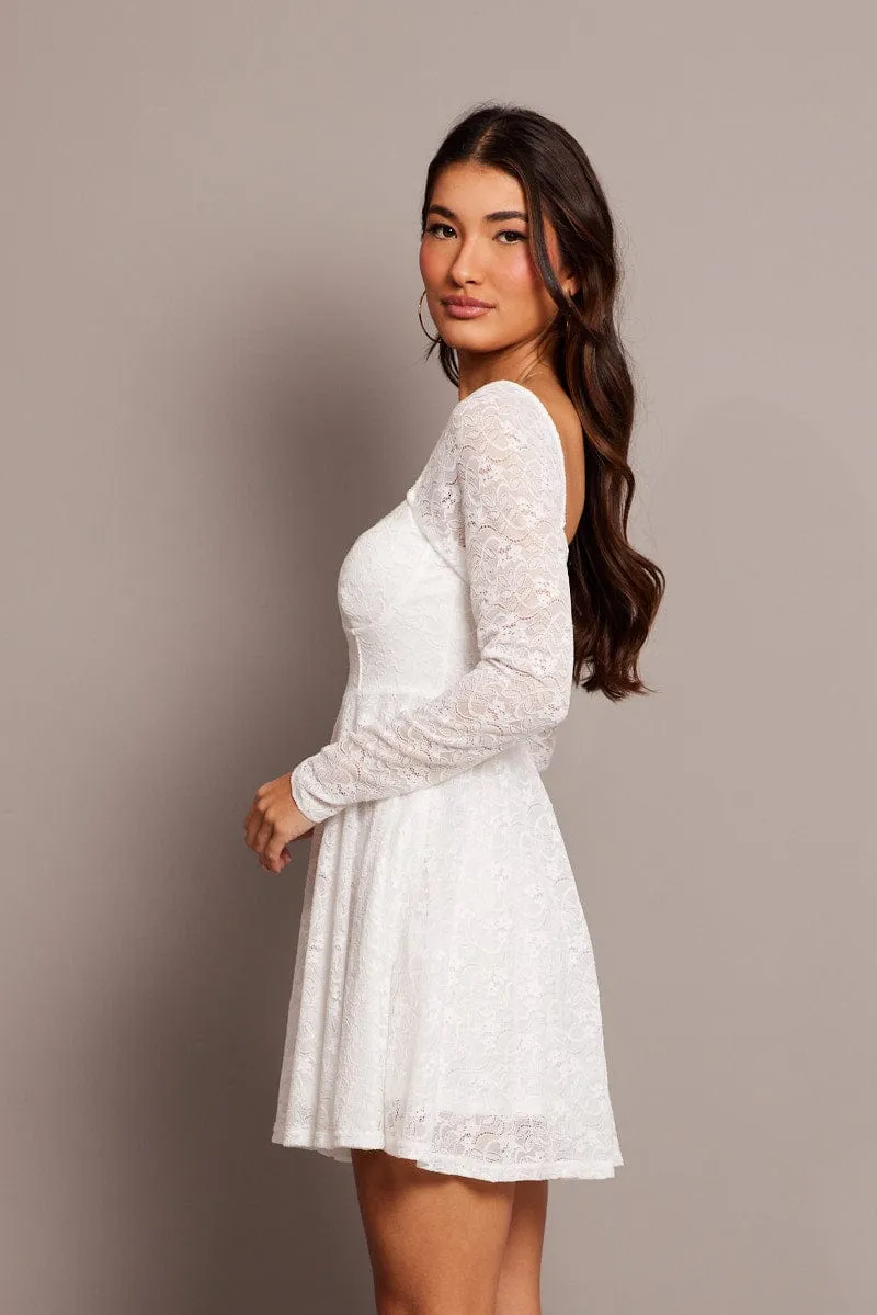 White Fit And Flare Dress Long Sleeve Lace Comfortable Lounge UltraSoft Texture