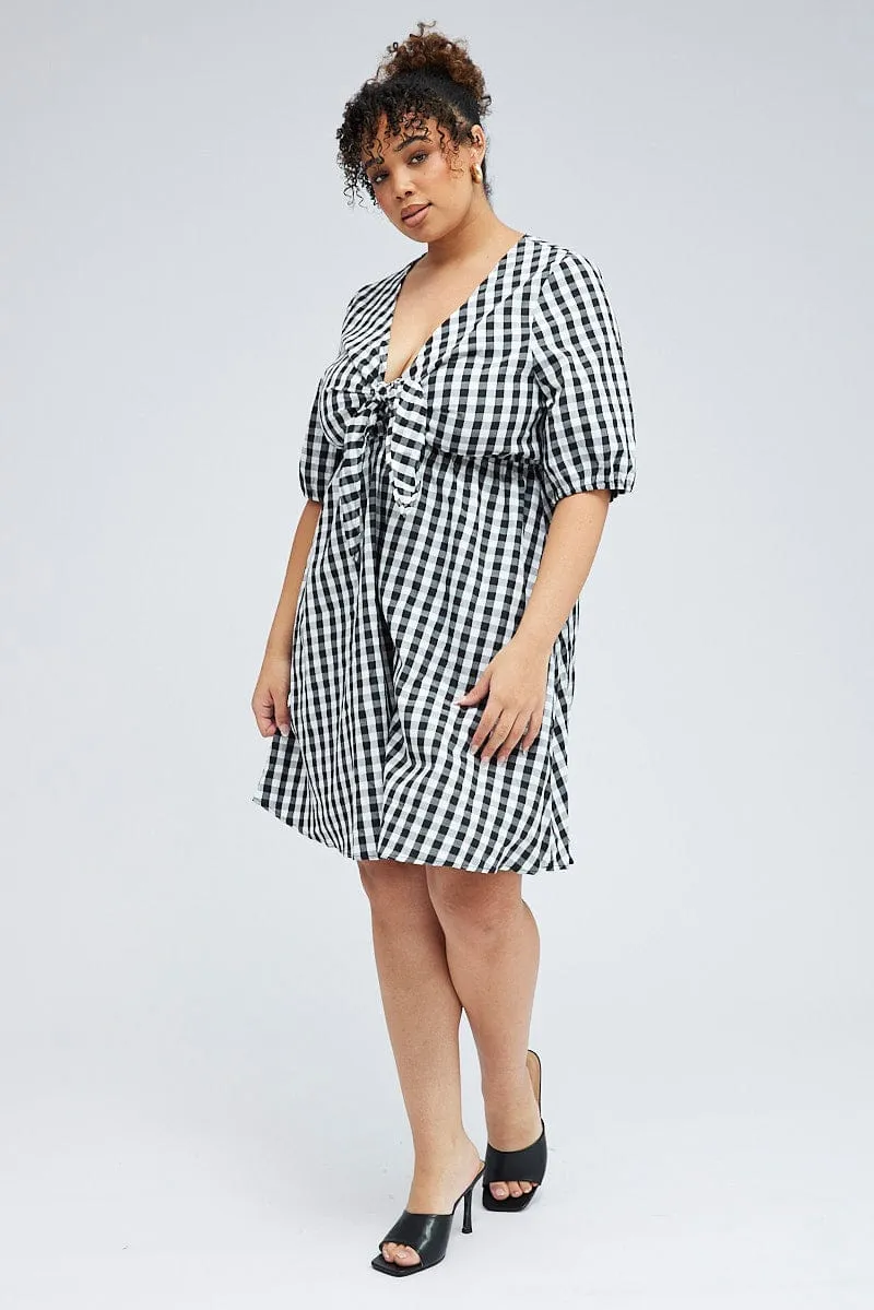 Club look Black Check Mini Dress Tie Gingham Puff Sleeve