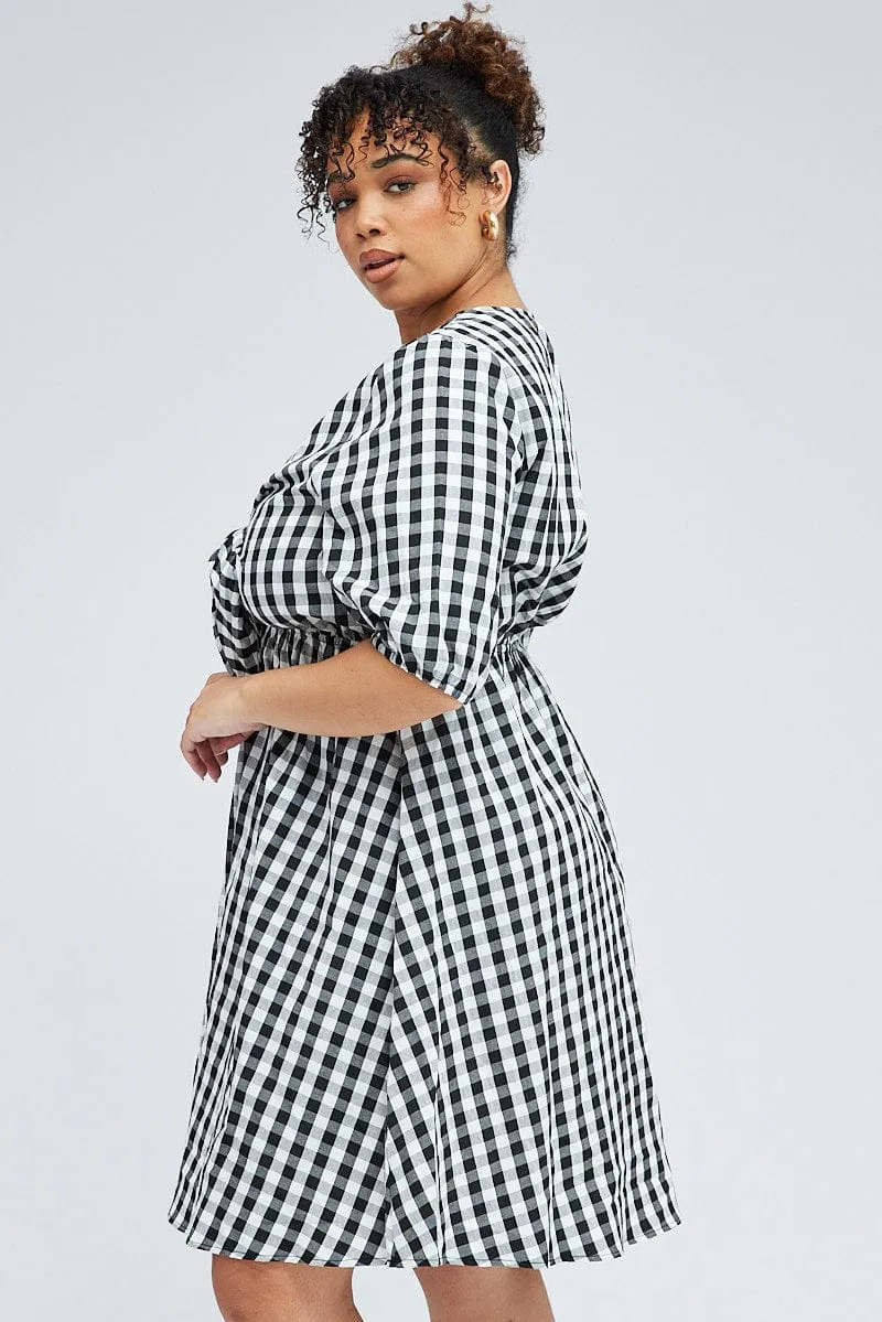 Black Check Mini Dress Tie Gingham Puff Sleeve Night Pop Recycled Polyester Material