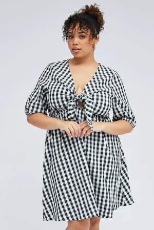 Black Check Mini Dress Tie Gingham Puff Sleeve Late Glam Angle Look