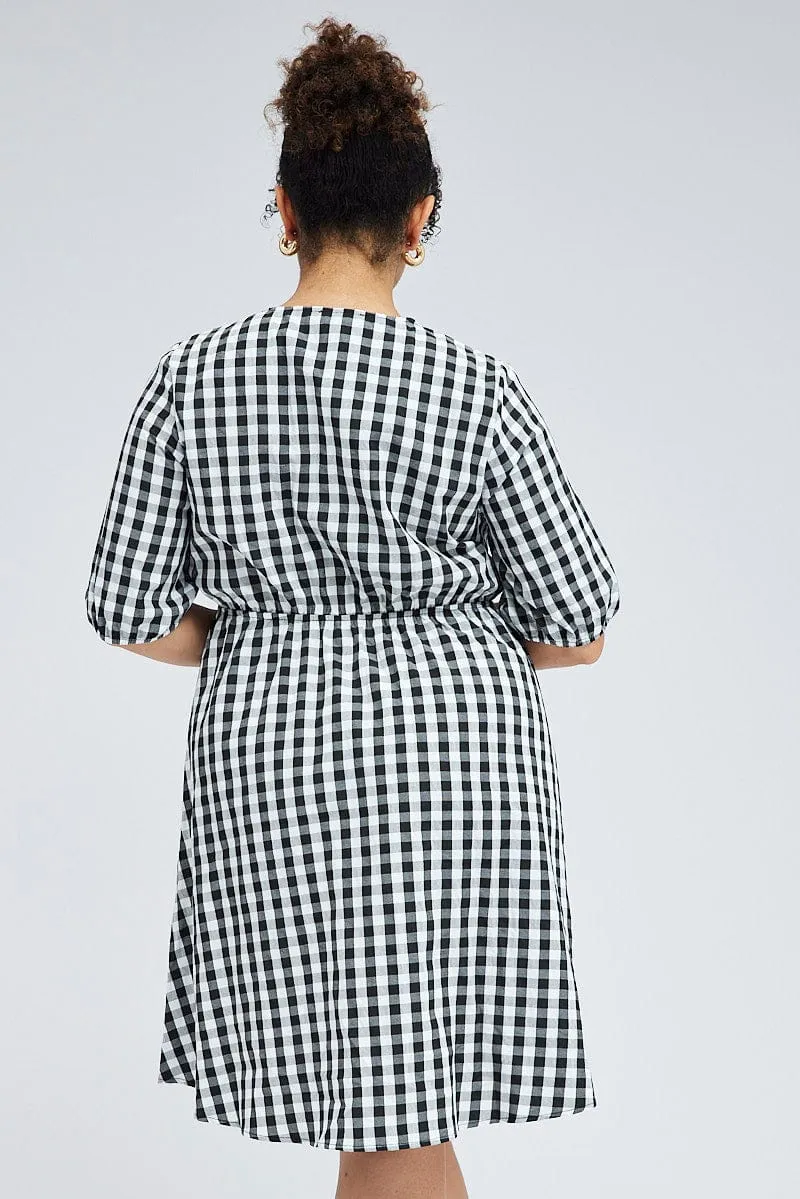 Black Check Mini Dress Tie Gingham Puff Sleeve Fashion Rebel Shine Hot