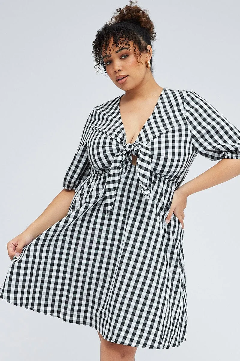 Lightweight Weave Fishtail Hem Finish Black Check Mini Dress Tie Gingham Puff Sleeve