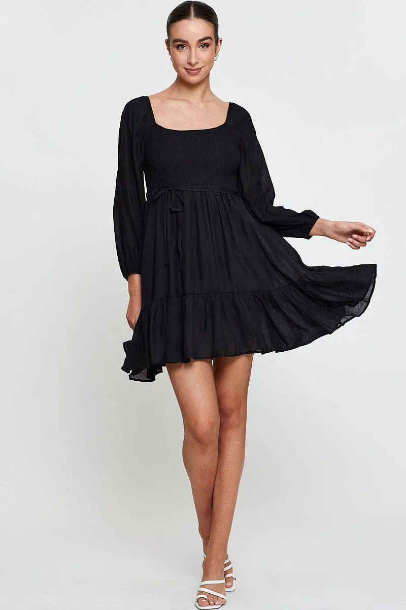 Black Mini Dress Long Sleeve Square Neck City Look Playful Chic
