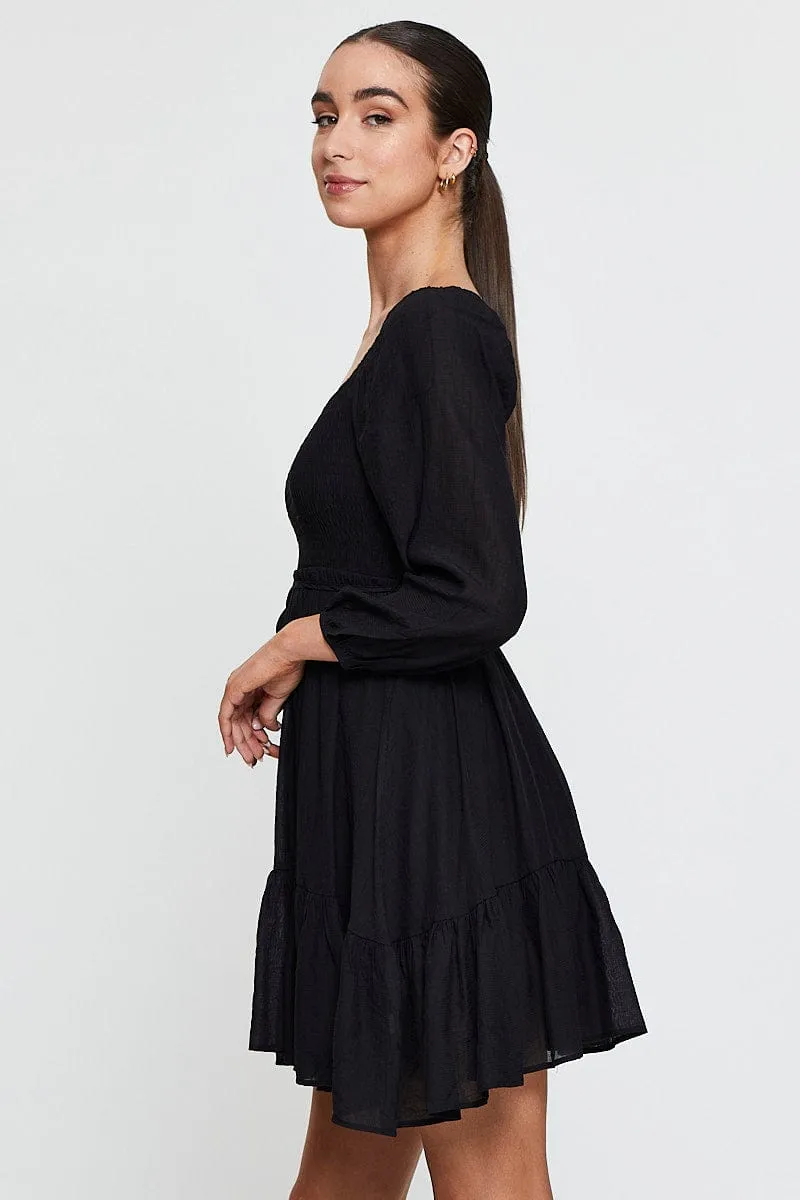 Black Mini Dress Long Sleeve Square Neck Daring Mode