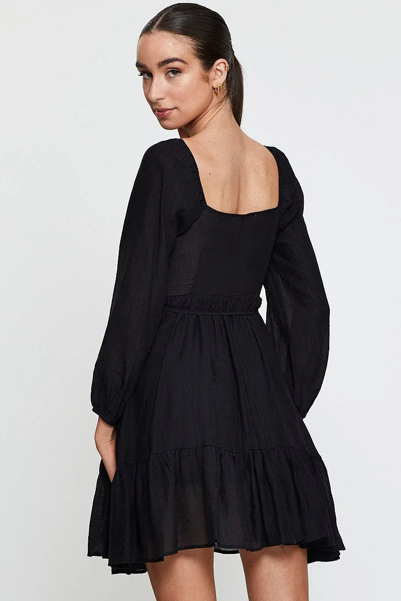 Black Mini Dress Long Sleeve Square Neck Shine Star