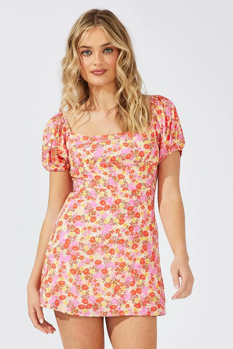 Pink Floral Mini Dress Puff Sleeve Shine Bold Night Rush