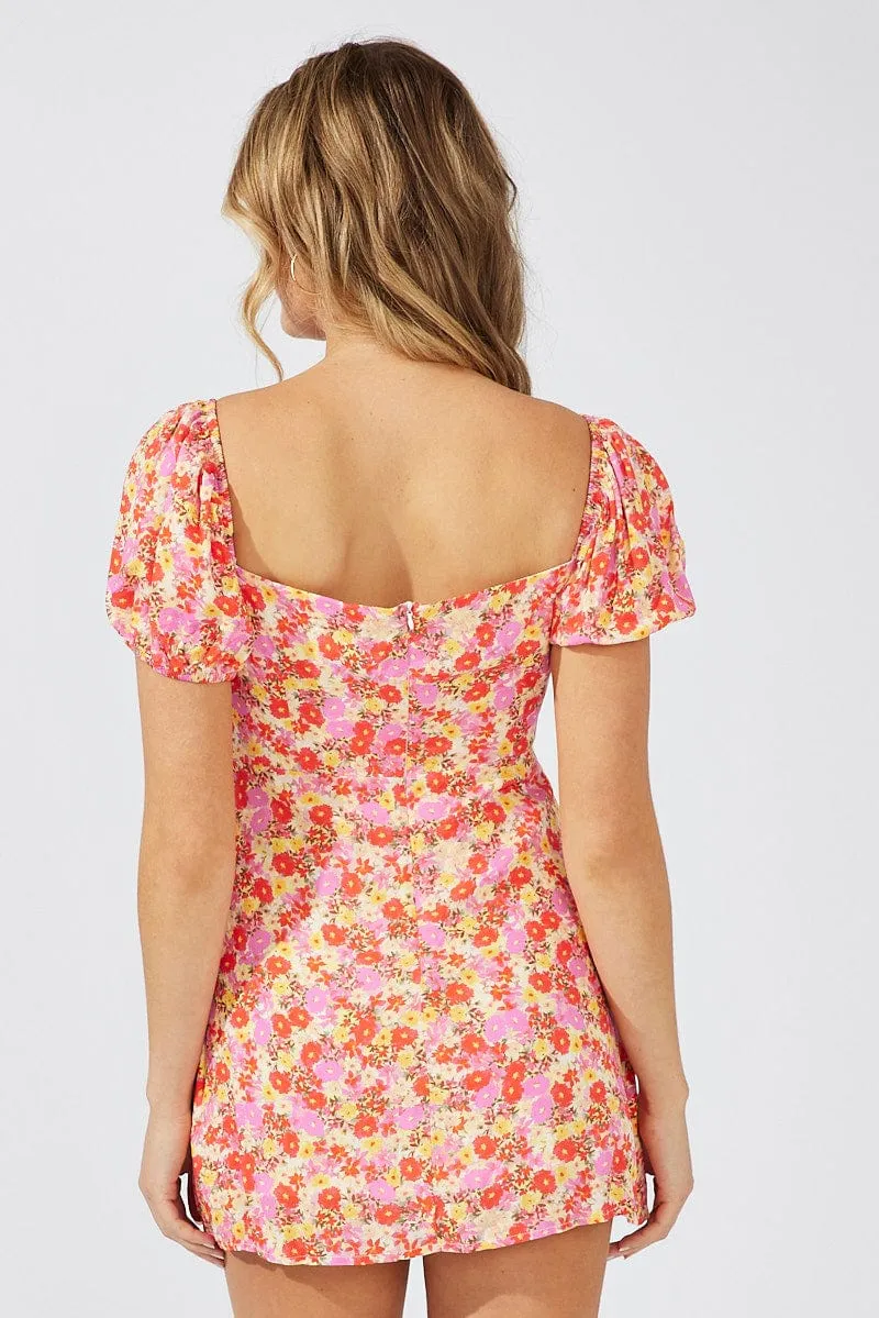 Urban Mode Timeless Wear Pink Floral Mini Dress Puff Sleeve