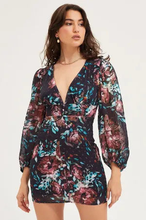 Youthful Style Vibrant patterned mini Print Mini Dress Long Sleeve Evening