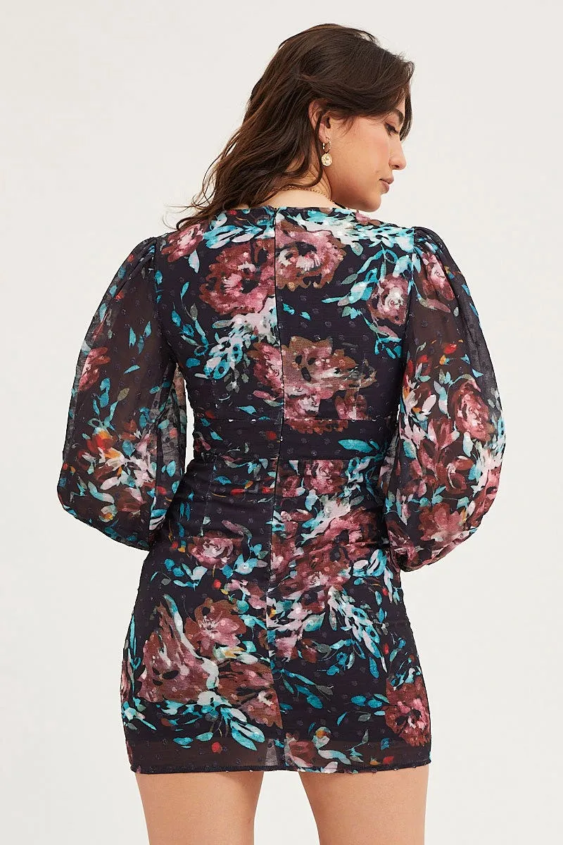 Print Mini Dress Long Sleeve Evening Cozy Wear Sleek Silhouette
