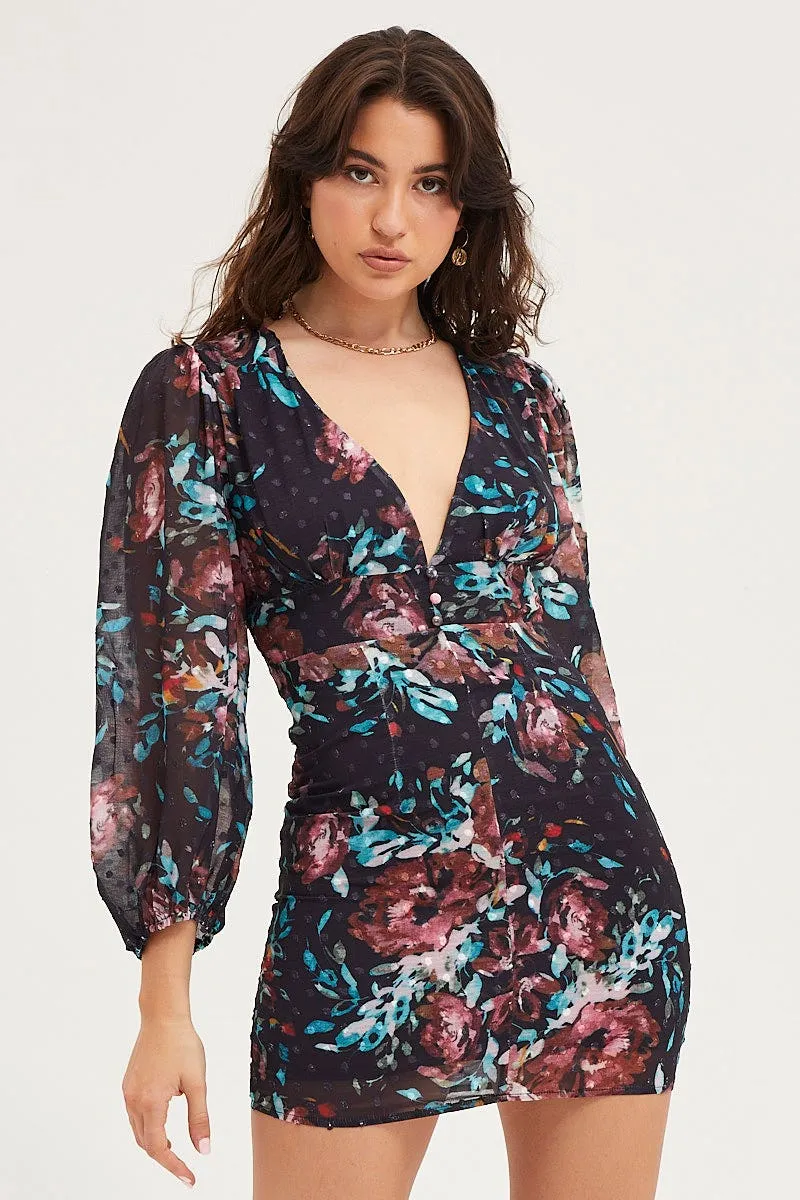 Print Mini Dress Long Sleeve Evening Modest Coverage Cut Urban Glow