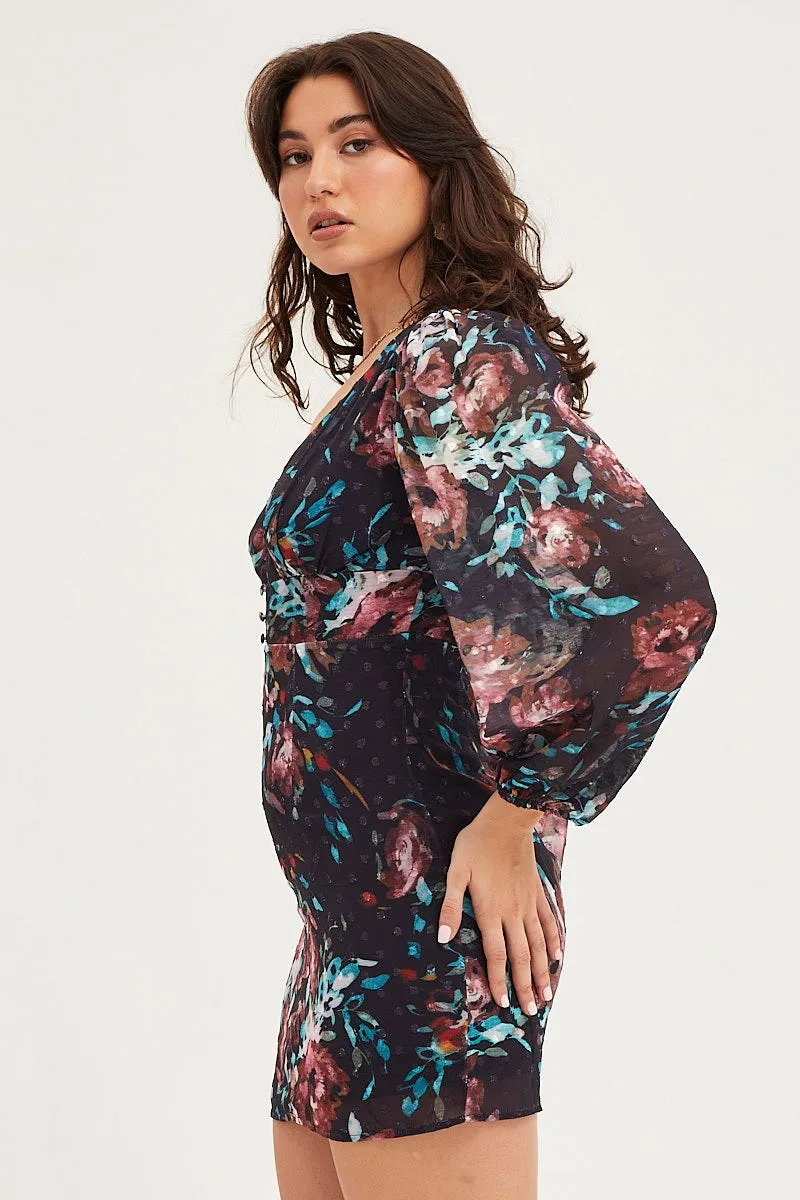 Print Mini Dress Long Sleeve Evening Scene Heat Mini dress with bold colors