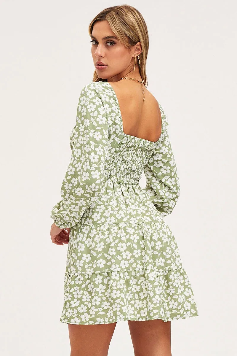 Night Out Print Mini Dress Long Sleeve Square Neck