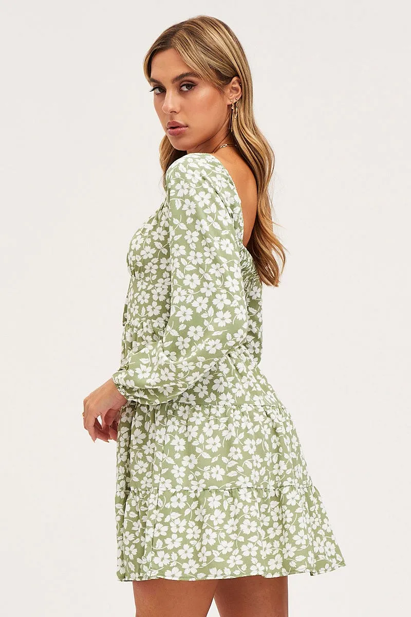 Elasticized Waistband City Beat Print Mini Dress Long Sleeve Square Neck