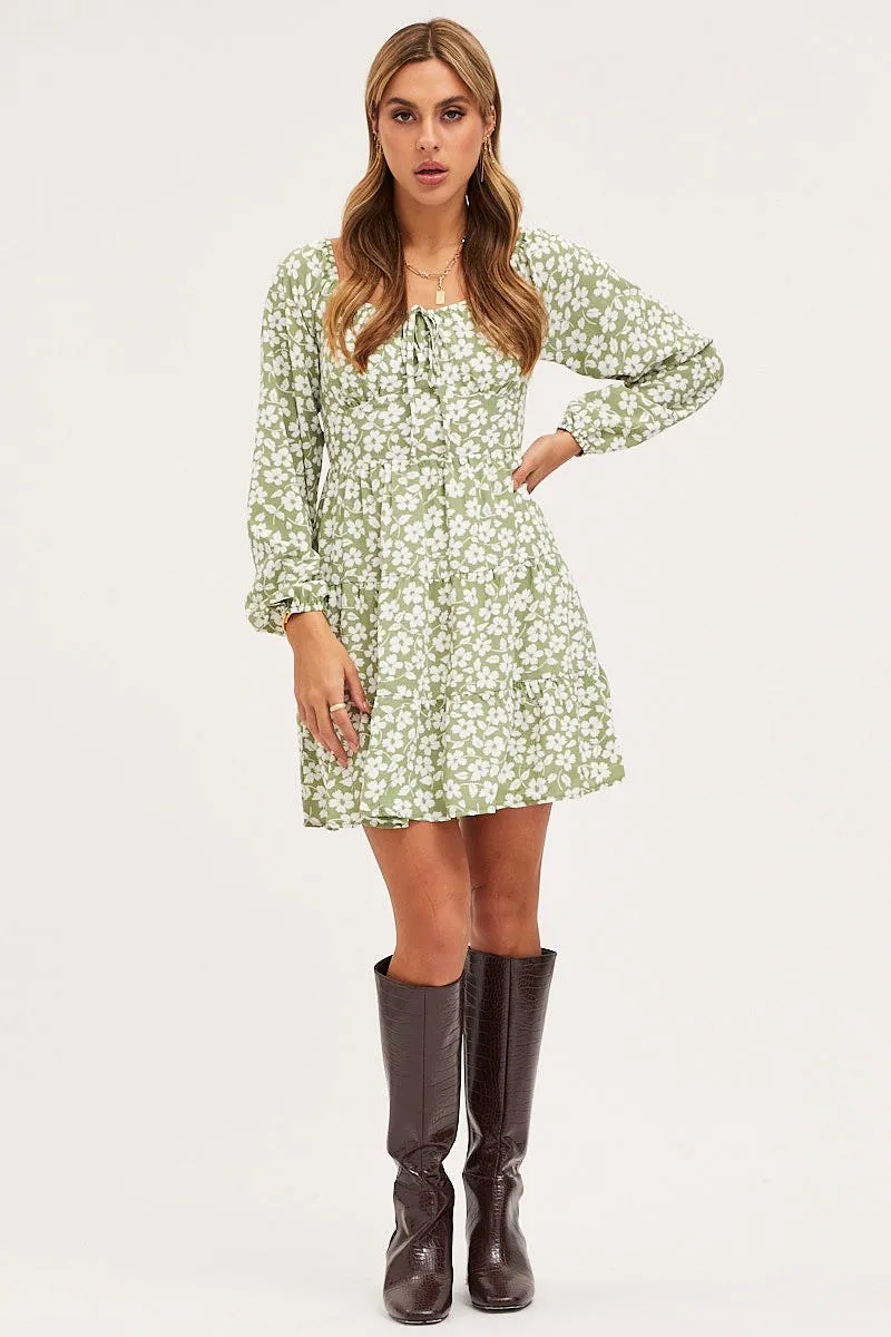 Party Glow Print Mini Dress Long Sleeve Square Neck
