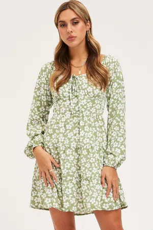 Modern mini dress with sleeves Print Mini Dress Long Sleeve Square Neck