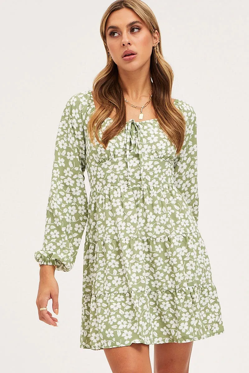 Weekend Fun Relaxed Silhouette Print Mini Dress Long Sleeve Square Neck