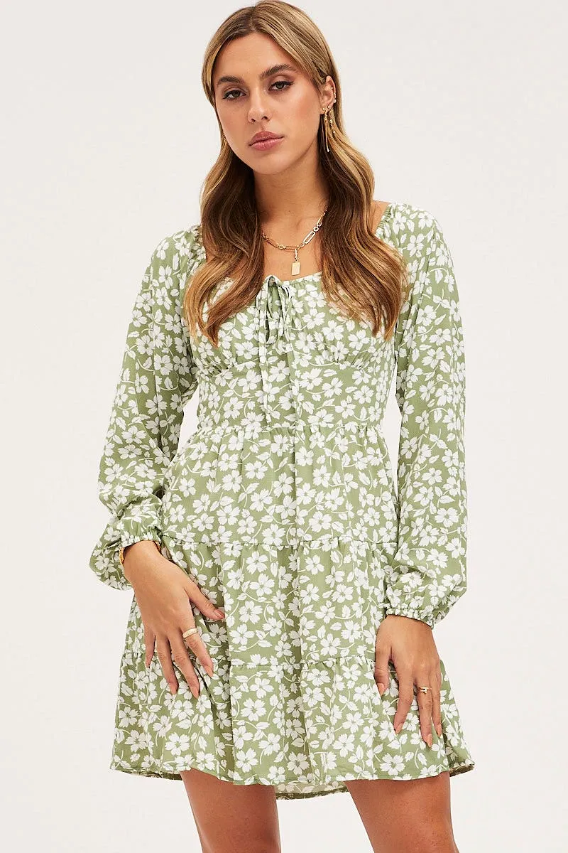 Modern mini dress with sleeves Print Mini Dress Long Sleeve Square Neck