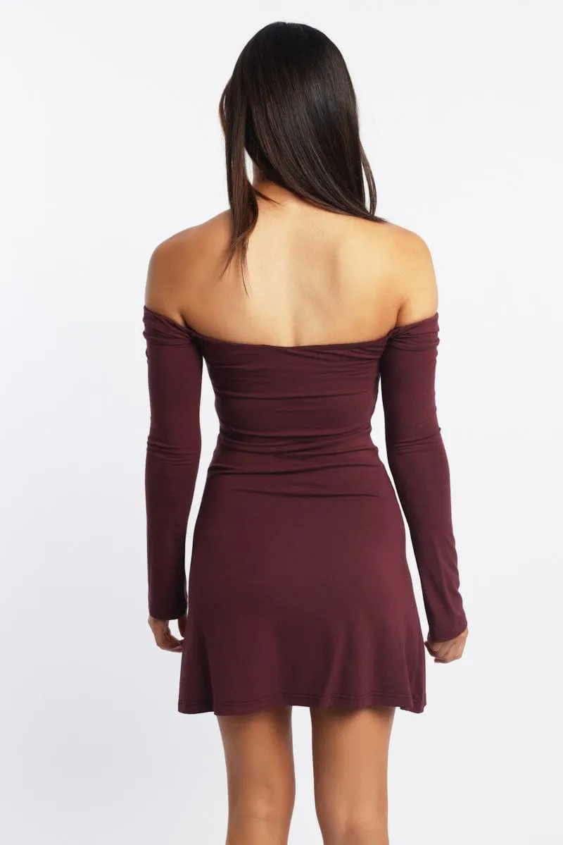 Red Off Shoulder Mini Dress City Scene Wrinkle Free Fabric