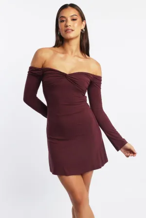 Summer Ready Flexible Knit Structure Red Off Shoulder Mini Dress