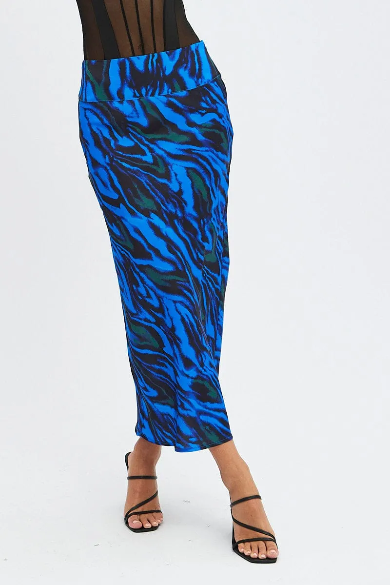 Blue Abstract Midi Skirt High Waisted Satin Bias Cut Travel Ease