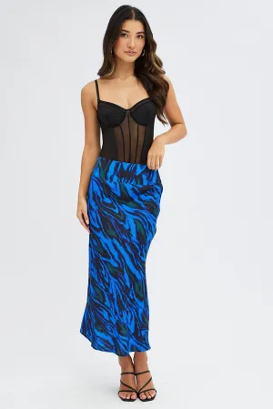 Blue Abstract Midi Skirt High Waisted Satin Bias Cut Quick Wear
