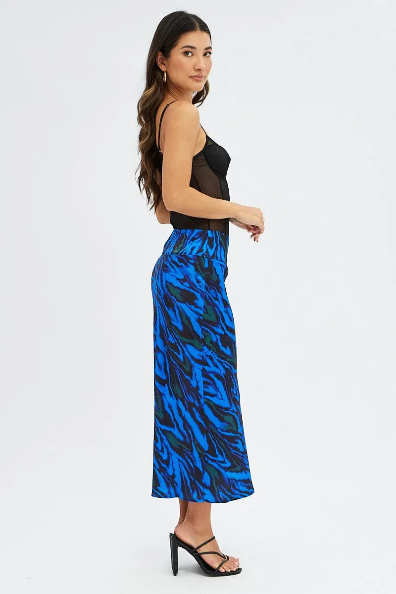 Modern Look Shirred Back Blue Abstract Midi Skirt High Waisted Satin Bias Cut