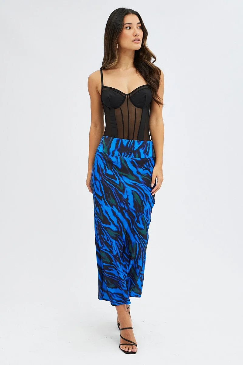 Blue Abstract Midi Skirt High Waisted Satin Bias Cut Convertible Length Mood Outfitboard