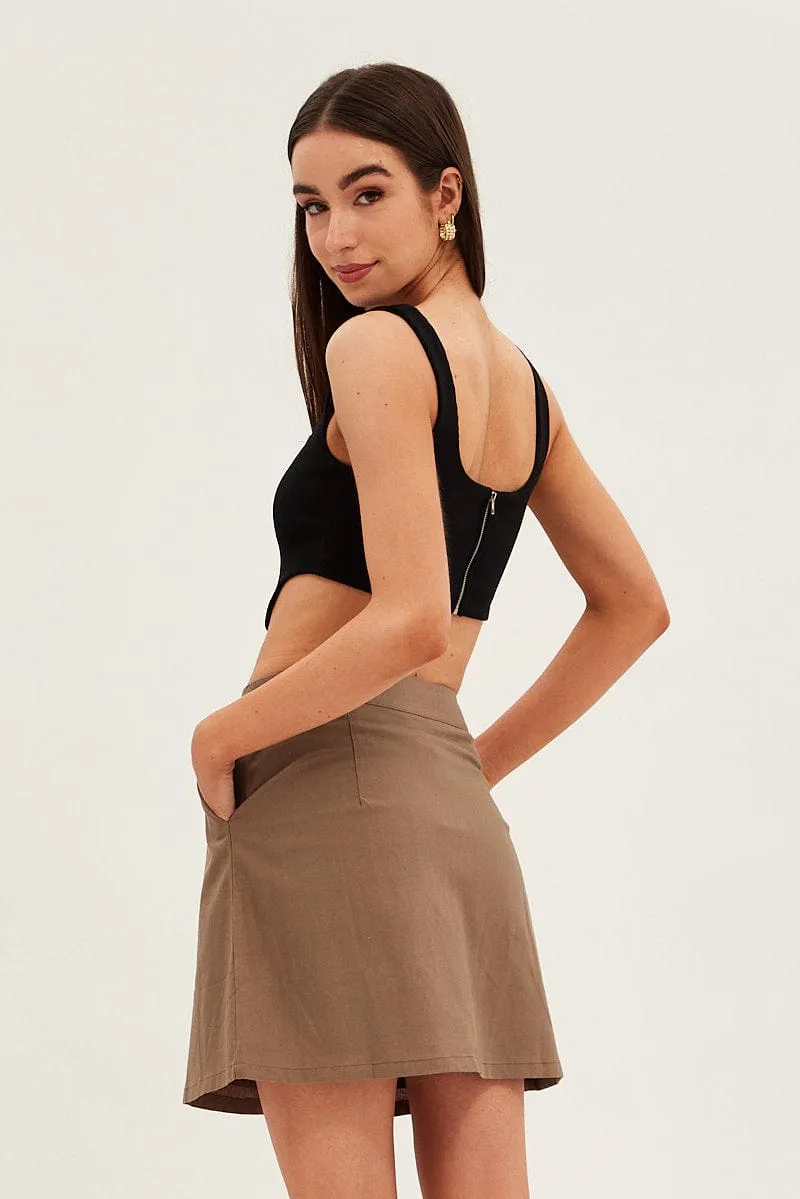 Brown Linen Blend Button Front Mini Skirt Casual Outfit