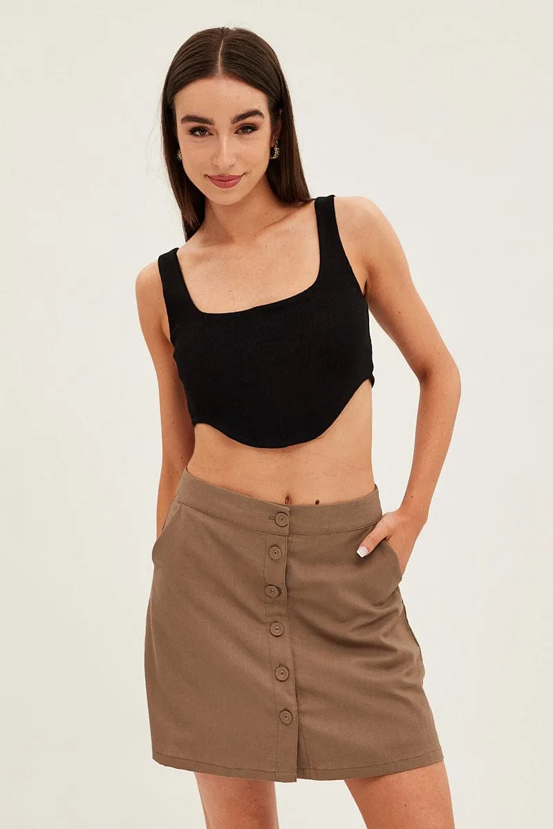 Outfit Mix Urban Style Brown Linen Blend Button Front Mini Skirt