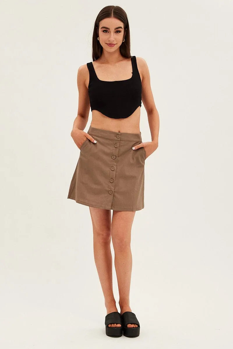 Brown Linen Blend Button Front Mini Skirt Low Rise Light Touch