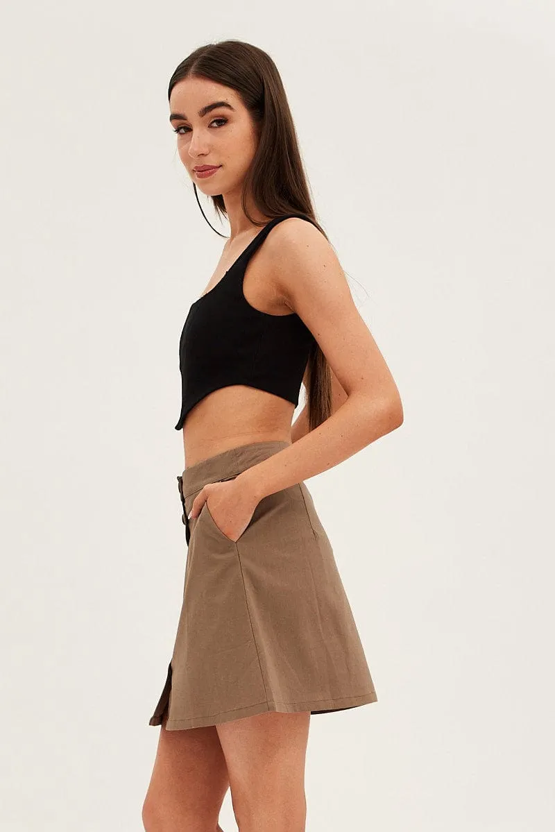 Brown Linen Blend Button Front Mini Skirt Smooth Cut