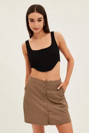 Outfit Mix Urban Style Brown Linen Blend Button Front Mini Skirt