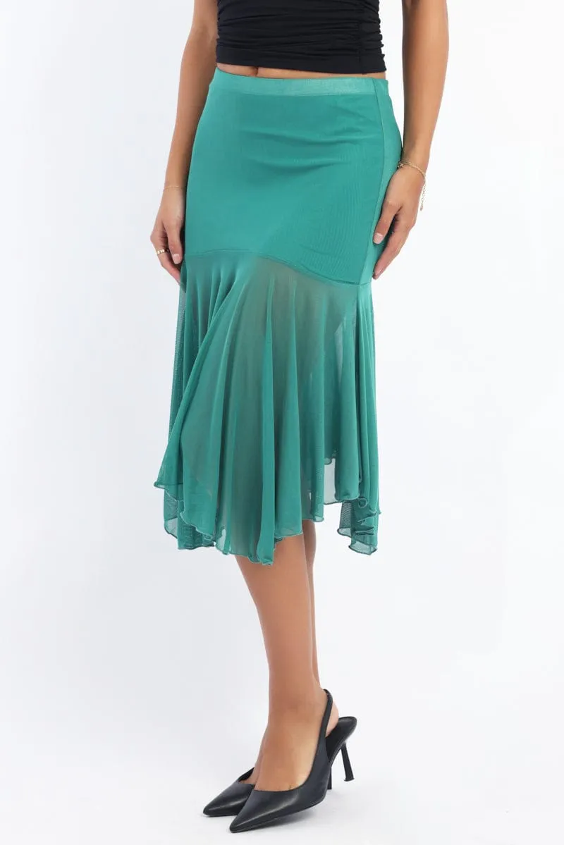 Senior Style Bold Accent Green Midi Skirt Scarf Hem Asymmetric Mesh Lined
