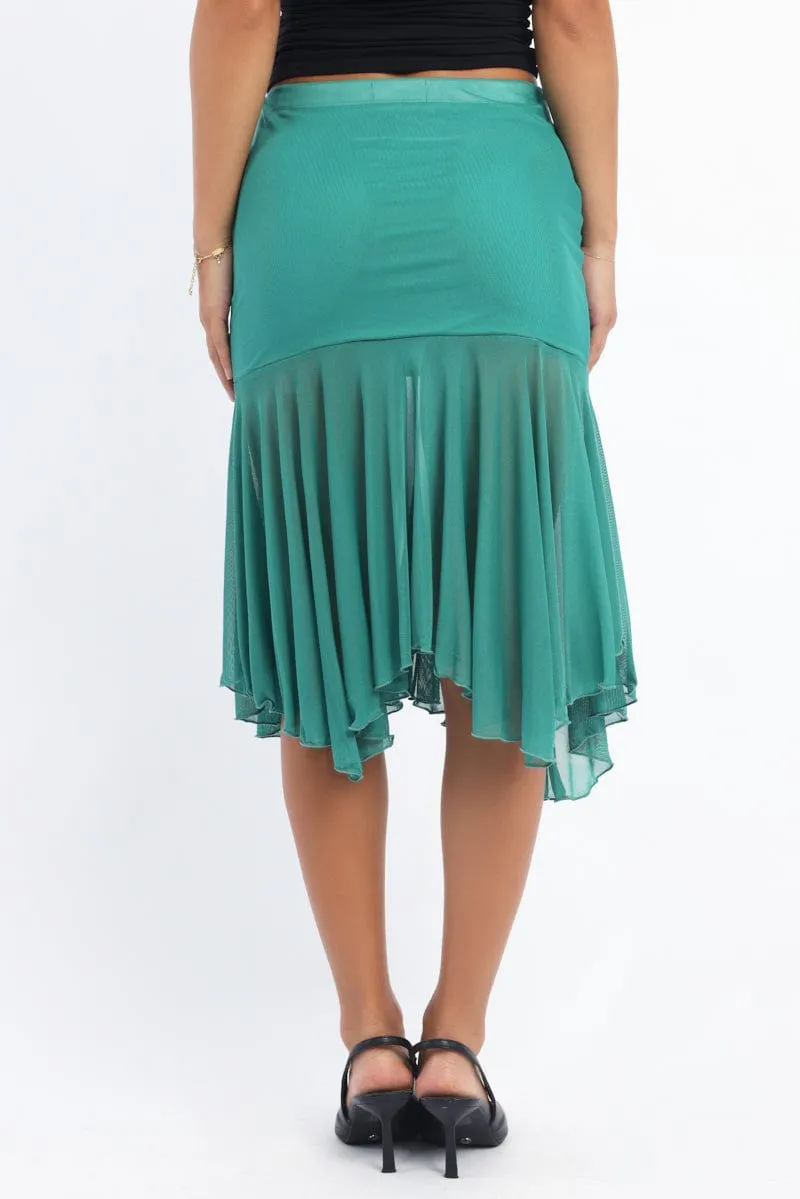 Green Midi Skirt Scarf Hem Asymmetric Mesh Lined Sequined Finish Heritage Craft