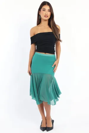 Foil Print Hygienic Coating Green Midi Skirt Scarf Hem Asymmetric Mesh Lined
