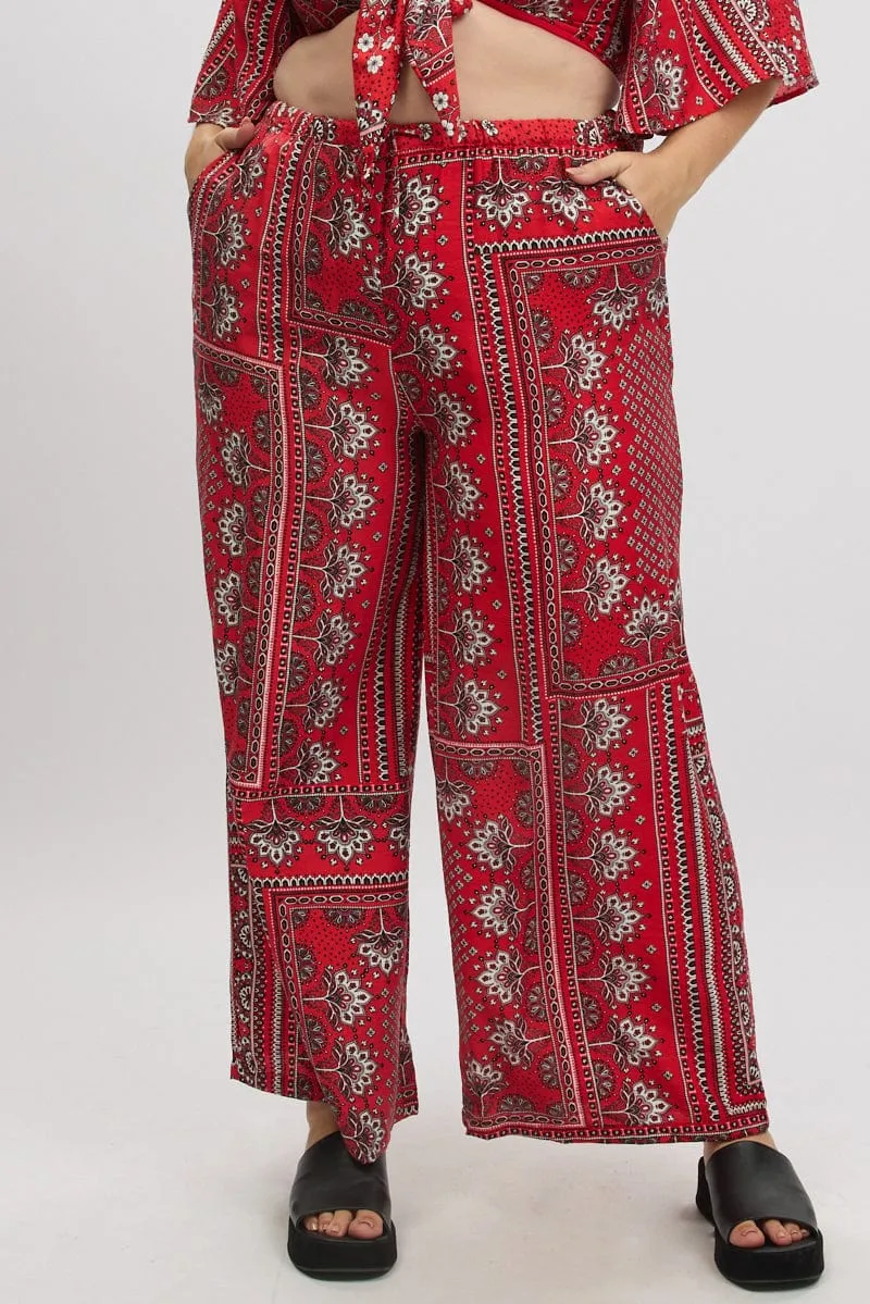 LightweightWeave Red Boho Elastic Waist Wide Leg Pants